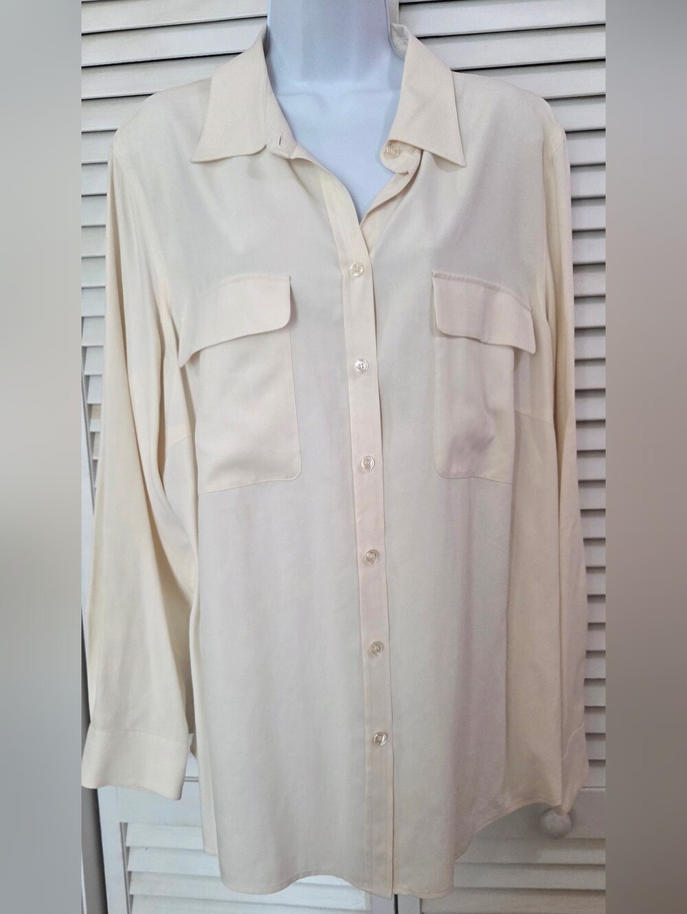 Women's Cream Button-Up Silk Shirt - Classic Long Sleeve